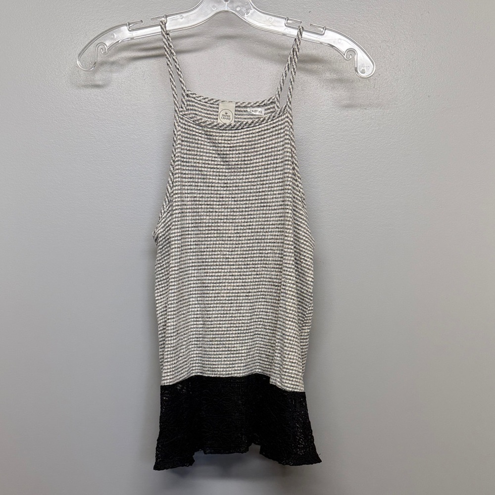 Paper Crane Anthropologie Gray & Black Striped Knit Tank with Contrast Lace Hem